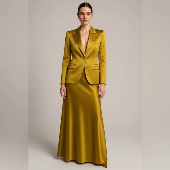 Balmain Paris Atelier Sample Satin Set Blazer & Maxi Skirt Chartreuse Gold S - Picture 1 of 17